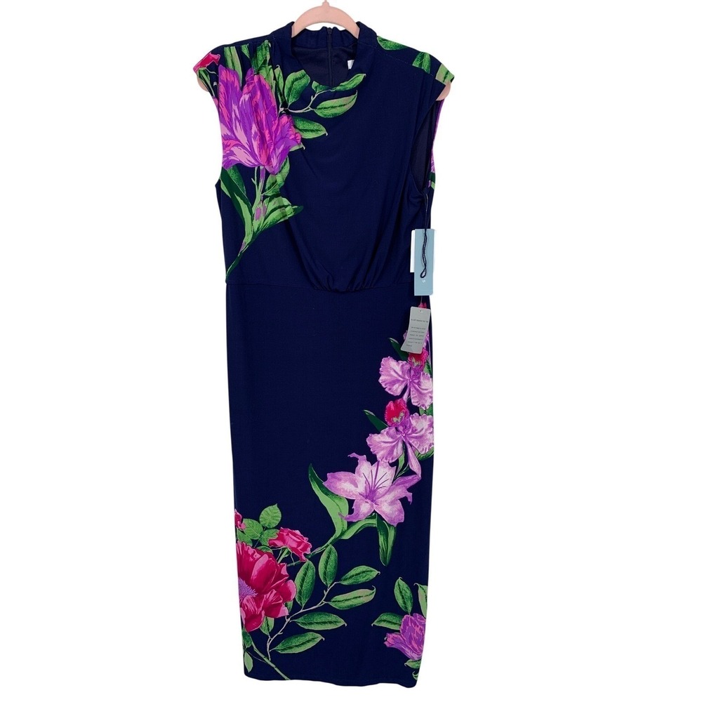 London Times Floral Midi Dress Size 12 NWT Navy Pink
